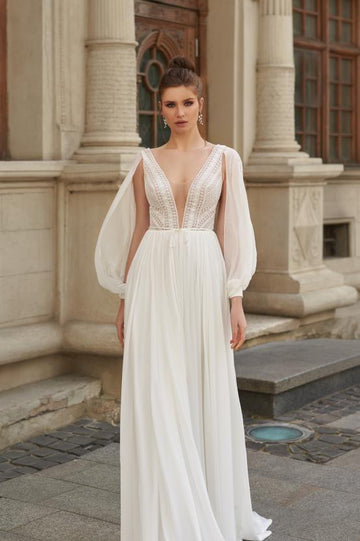 Sexy O-Neck A-line Wedding Dresses Boho Chiffon Fuff Long Sleeve vestido de novia bohemio Elegant Lace Bridal Party