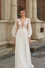 Sexy O-Neck A-line Wedding Dresses Boho Chiffon Fuff Long Sleeve vestido de novia bohemio Elegant Lace Bridal Party