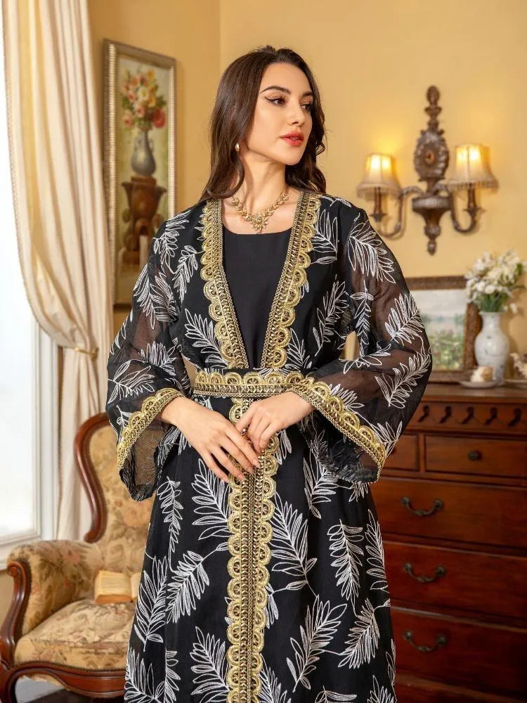 Arab Dubai Galabia Muslim Women Sets Black Sleeveless Under Dress And Gold Tape Belted Embroidery Sequins Kimono Abayas Black Dress Set