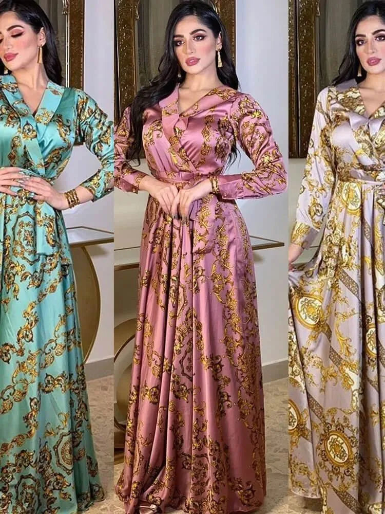 Dresses For Prom Fashion Printing Sashes V-Neck Full Sleeve Elegant Casual Chic Ethnic Women's Clothing From Turkey