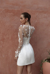 Classic A-Line Mini White Wedding Dress Satin Lace Long Sleeve 3D Flower Sexy Backless With Button Strapless Wedding Gown