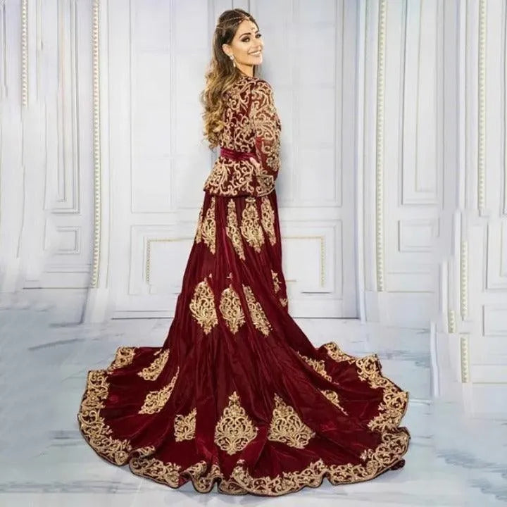 Algerian Caftan Burgundy Formal Evening Dresses Velvet Special occasion Dresses Lace Appliques Outfit Prom Party Gowns Burgundy