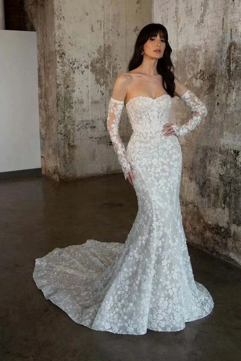 Romantic Flower Appliques Wedding Dresses For Women Strapless Modern Mermaid Bridal Gown Plus Size Vestidos De Novia Mermaid