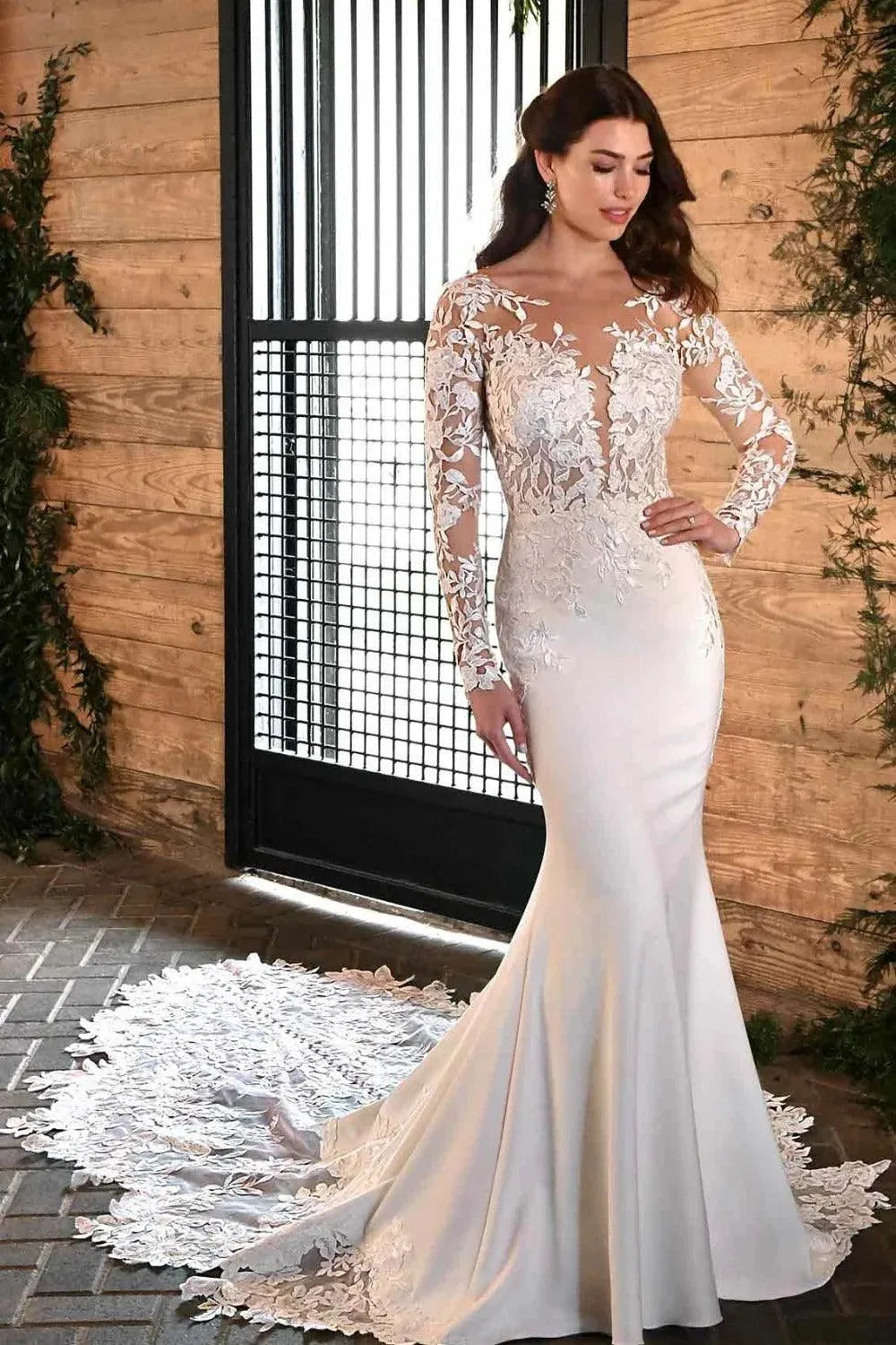 O-Neck Appliques Mermaid Wedding Dresses For Bridal Long Sleeves Soft Satin Lace Court Train Vestidos De Noiva Mariage Mermaid