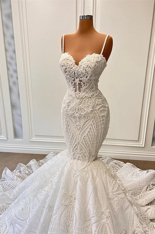 Vestidos de novia de sirena de encaje de lujo con tirantes finos y escote en forma de corazón, vestidos de novia brillantes, elegantes vestidos de novia de compromiso 