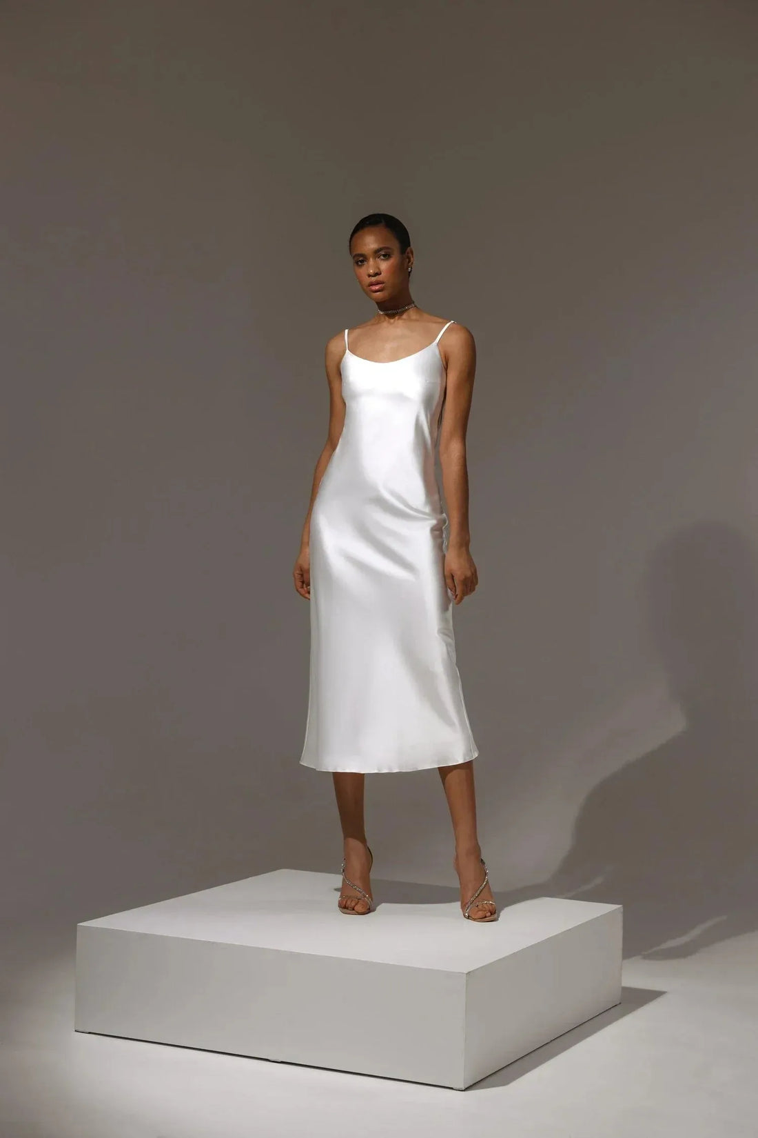 Sheath silhouette Wedding dress spaghetti with scoop neckline natural waistline Satin