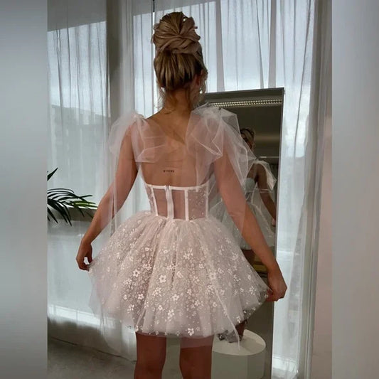 Mini vestidos de novia con escote en forma de corazón, flores, tul, corsé con varillas, vestidos cortos para fiesta de boda para mujeres, vestidos de cóctel 