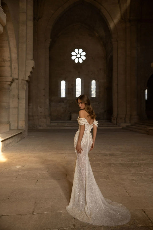 Vestidos de novia elegantes de sirena con escote corazón y hombros descubiertos, vestido de novia con encaje y cola desmontable 