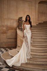 Abito chic Mikado con un sottoinstonca in pizzo cantilly moderno abito da sposa in raso moderno abito da sposa principessa court ad fiocco abito da sposa vestido de nolia sirenaid