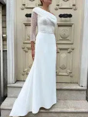 Glitter Mermaid Elegant Wedding Dresses Pleated Off Shoulder Bodycon Bridal Gowns Sparkly Elastic Satin Bride Dress Custom Color or Size Satin