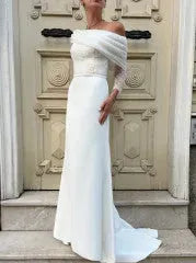 Glitter Mermaid Elegant Wedding Dresses Pleated Off Shoulder Bodycon Bridal Gowns Sparkly Elastic Satin Bride Dress Custom Color or Size Satin