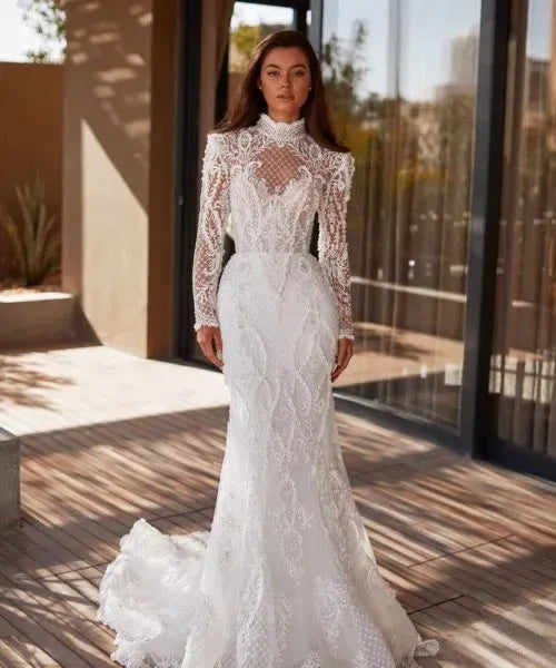 Charming Lace Mermaid Wedding Dress for Women Tulle Illusion High Neck Long Sleeve Bridal with Back Button Vestido De Novia 50cm