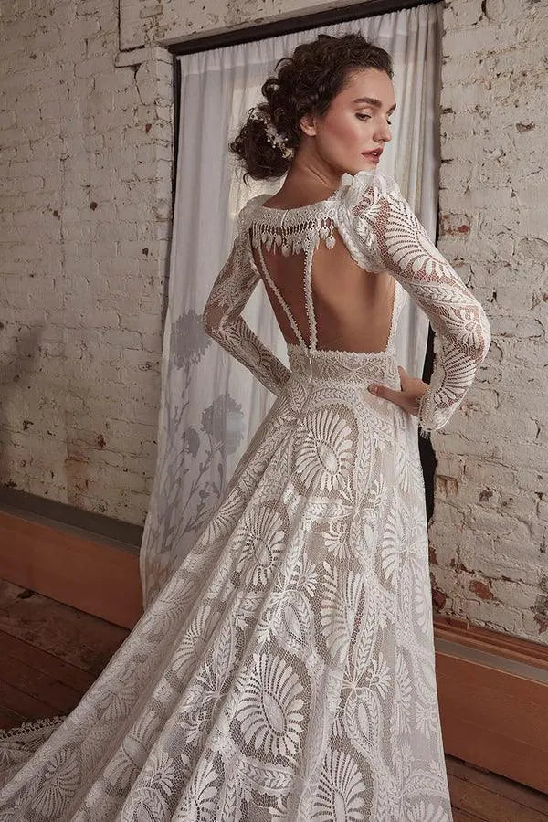 Spaghetti Straps Lace Wedding Dress With Detachable Long Sleeve Backless V Neck A Line Bridal Gown Sweep Train Champagne Lining