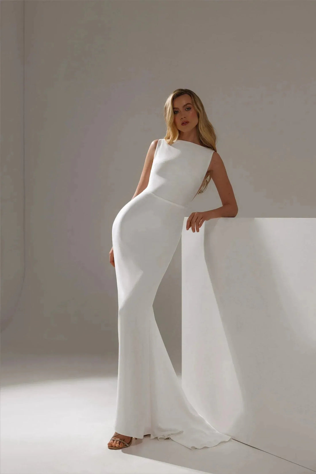 Sheath silhouette Wedding Dress Sleeveless Backless boat neck neckline Buttons natural waistline