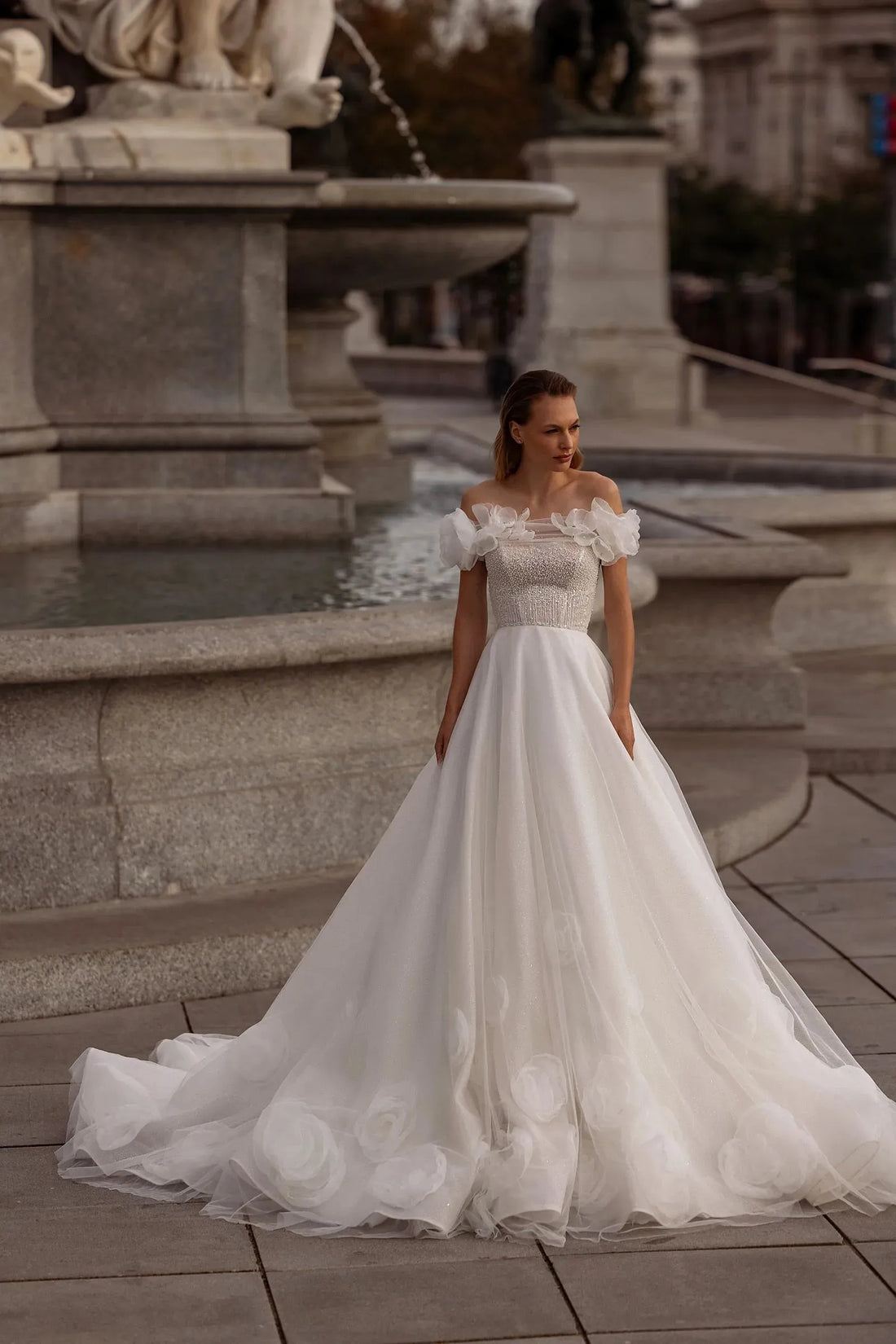 Classic 3D Flower Wedding Dress Sparkly Sequins Bride Robe Elegant A-line Long Bridal Gown Robe De Mariée