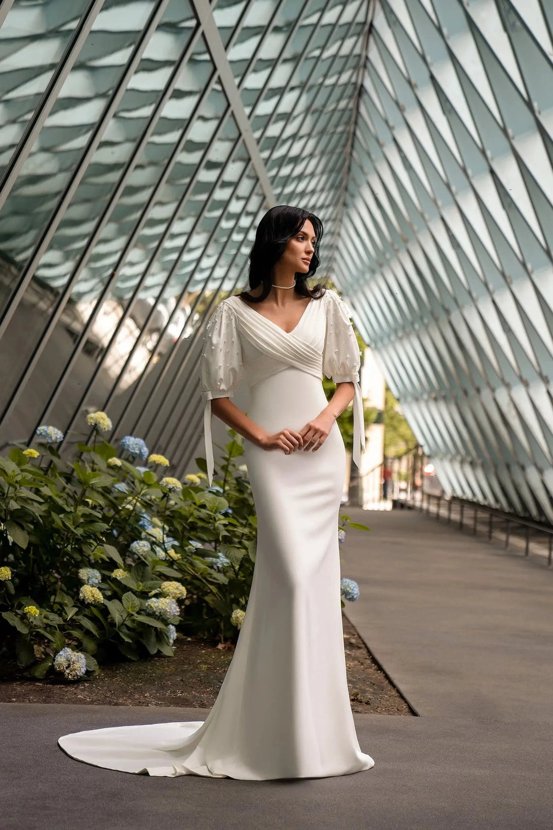 Half Sleeves Reception Wedding Dress for Women, Sheath Long Satin Bride Dresses Customized V Neck Court Train Bridal Gown