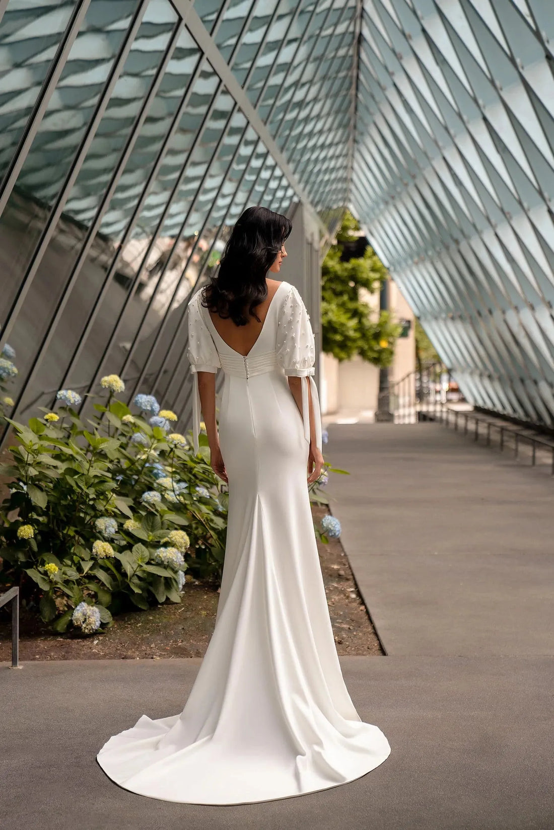 Half Sleeves Reception Wedding Dress for Women, Sheath Long Satin Bride Dresses Customized V Neck Court Train Bridal Gown