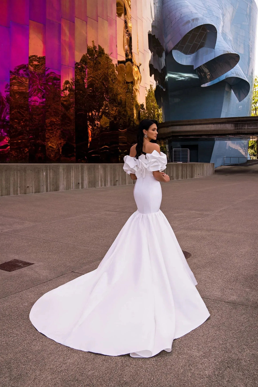 Off the Shoulder Satin Mermaid Wedding Dress with Delicate Ruffles Shoulder for Brides Elegant Timeless Bridal Dress