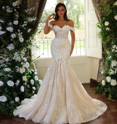 3d Flower Applique Litter Mermaid Wedding Dresses For Woman Cap Sleeve Princess Bridal Gown Lace Up Lace-up Dress Robe 2024 Floor Length