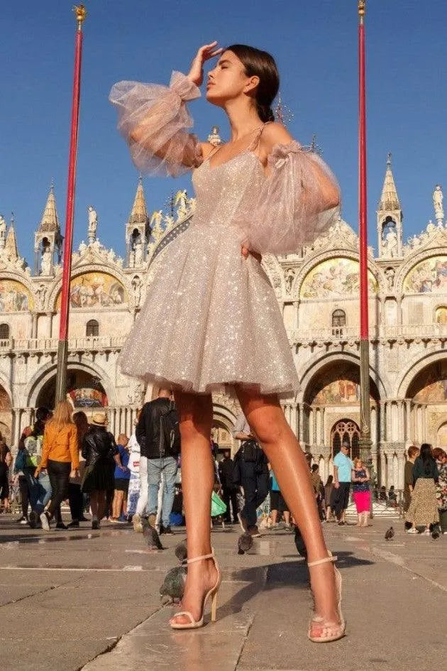 Marrilee Princess Short Sequins Puffy sleeves Tulle Evening Dress Spaghetti Straps V-Neck A-Line Backless Lace Up Sexy Prom Gown Custom Made