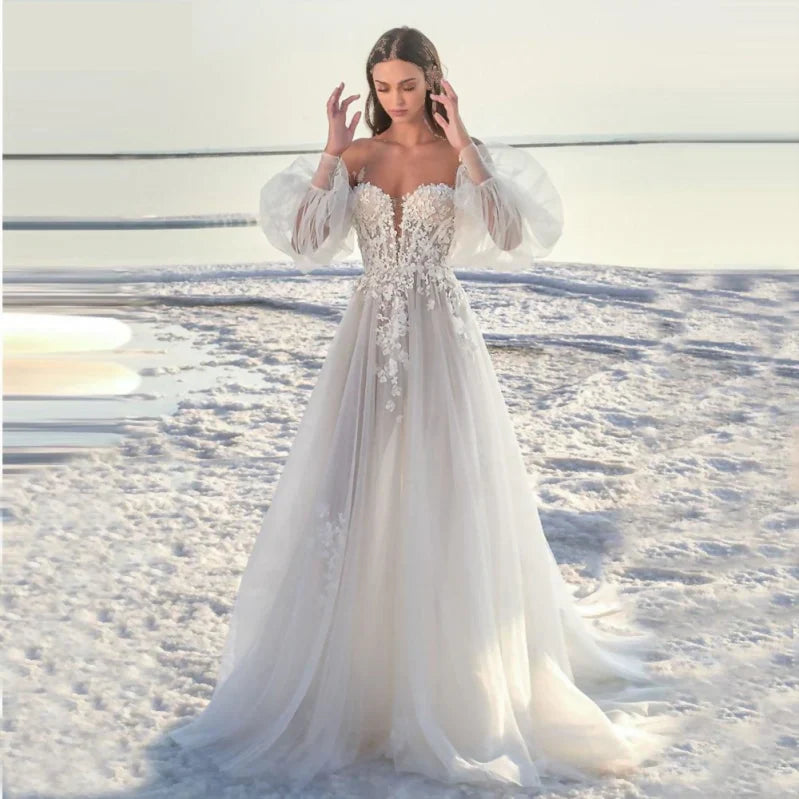 Vestidos de novia bohemios elegantes para mujer, con mangas abullonadas y apliques, sexys, con espalda abierta, para playa formal, fiesta formal en la playa 