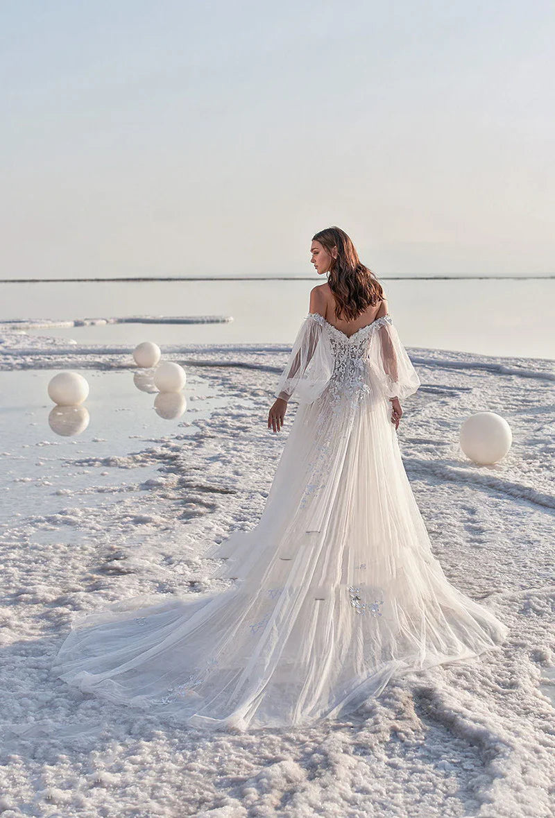 Vestidos de novia bohemios elegantes para mujer, con mangas abullonadas y apliques, sexys, con espalda abierta, para playa formal, fiesta formal en la playa 