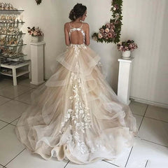 Champagne Floral Lace Beach Wedding Dresses Sexy Backless Ruffles Puffy Bridal Gowns for Bride Tiered Vestido De Noiva