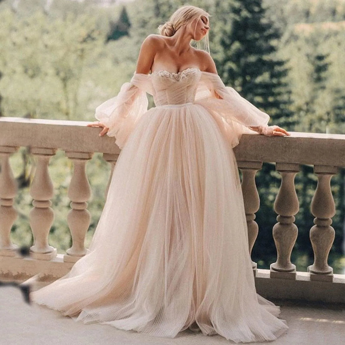 Pink Tulle Wedding Dress A Line Puff Long Sleeves Garden Country Bridal Gowns Sweetheart Wedding Gown vestido novia champagne