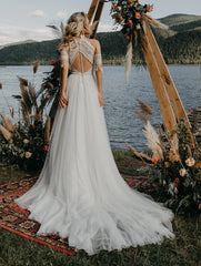 Bohemiska strandbröllopsklänningar med ärmar Robe de Mariage for Women Vintage Tassel Crochet Lace Country Garden Boho Bride