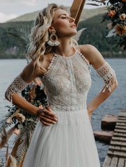 Bohemiska strandbröllopsklänningar med ärmar Robe de Mariage for Women Vintage Tassel Crochet Lace Country Garden Boho Bride