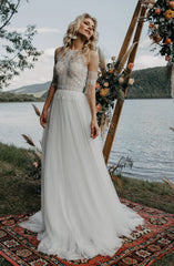 Bohemiska strandbröllopsklänningar med ärmar Robe de Mariage for Women Vintage Tassel Crochet Lace Country Garden Boho Bride