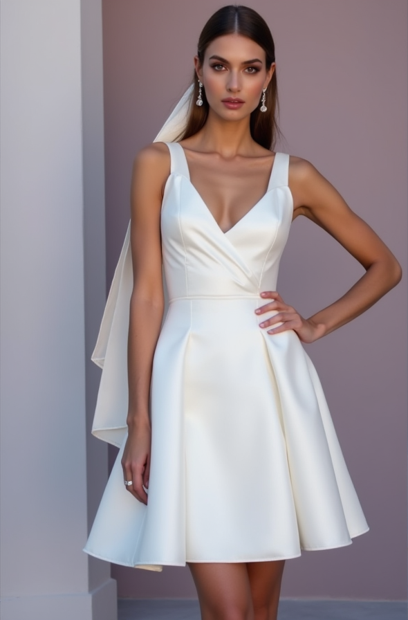 Elegant White Mini Short Wedding Dress with a Draped Neckline for a Chic and Romantic Style