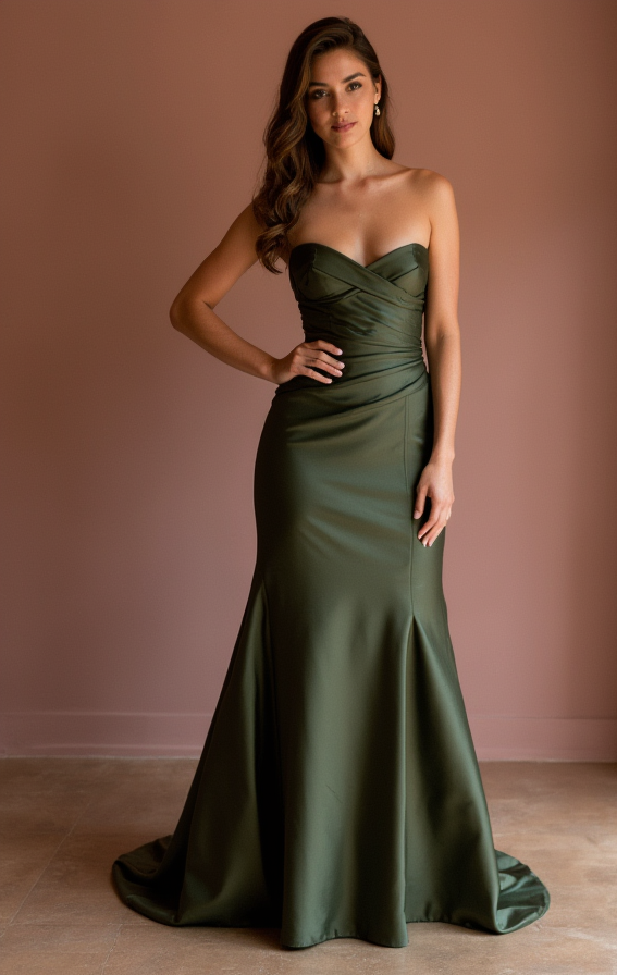 Romantic Green Evening Dress and Prom Gown with a Strapless Bodice for a Feminine Look