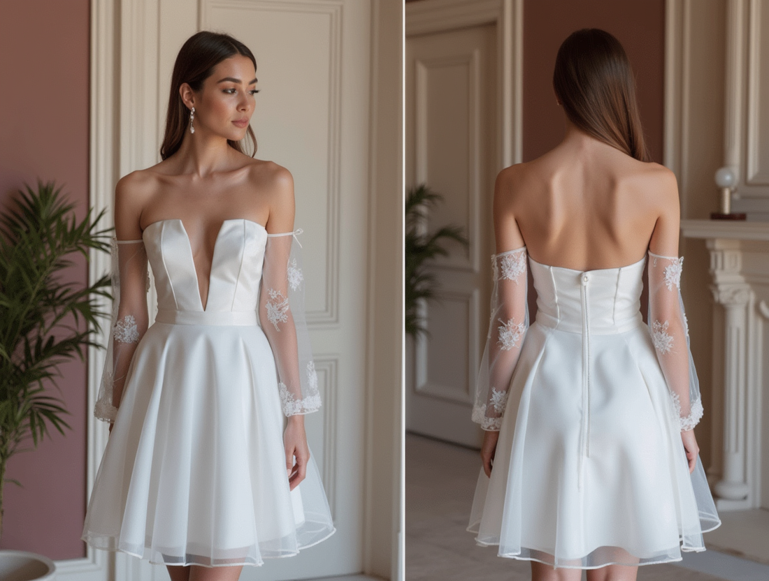 Classic White Mini Short Wedding Dress with a Wide V-Neck for an Elegant Look