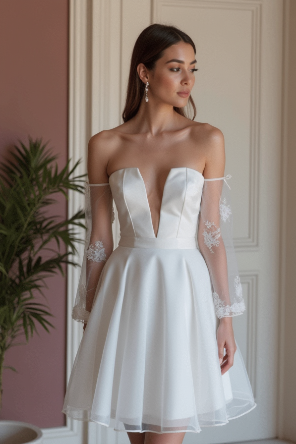 Classic White Mini Short Wedding Dress with a Wide V-Neck for an Elegant Look
