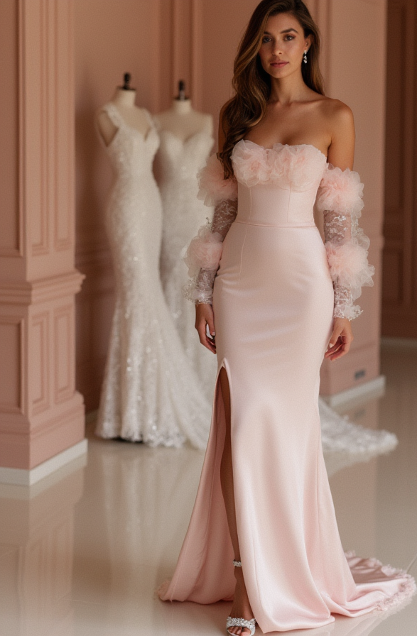 Regal Pink Evening Dress & Prom Dress with Satin Drape and Embellished Waist
