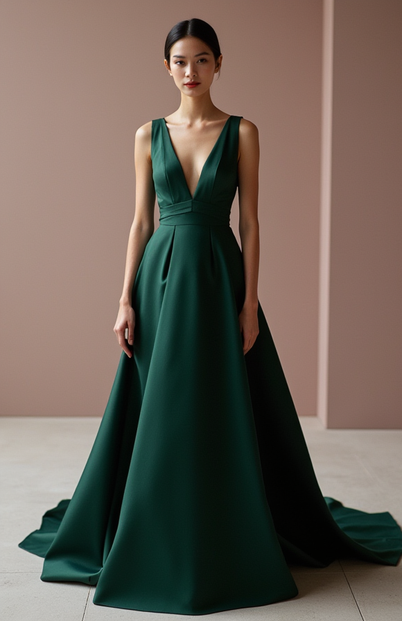 Luxurious Green Evening Dress & Prom Dress with High Neck and Embroidered Details