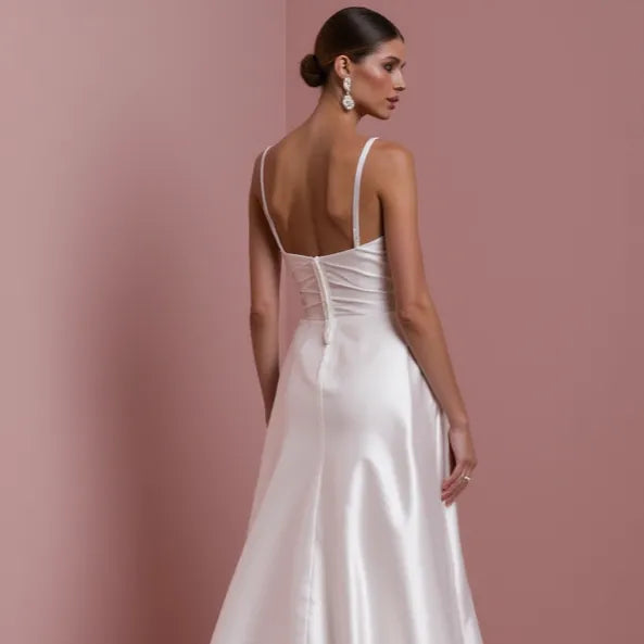 Stunning A-Line Bridal Gown with a Flowing Train for a Majestic Look