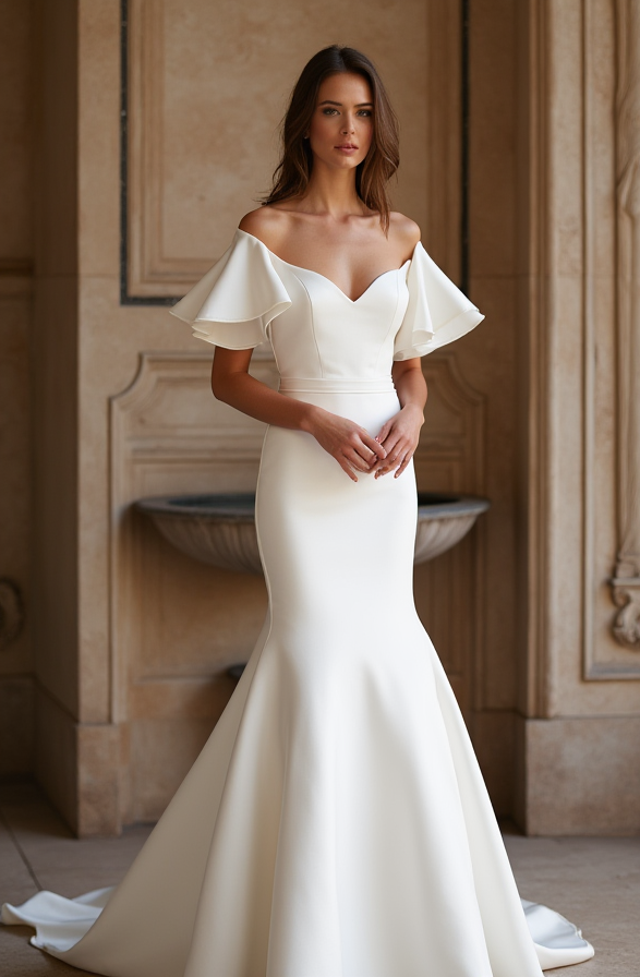 Timeless White Mermaid Wedding Gown with Layers of Organza for a Soft Touch