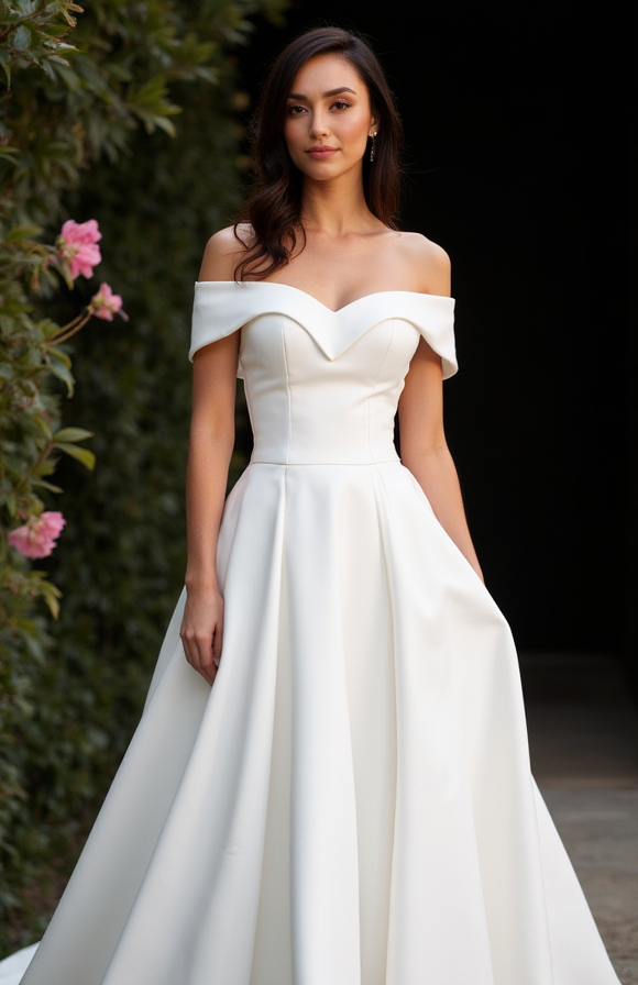 White Elegant Princess Wedding Dress with Off-the-Shoulder Sleeves