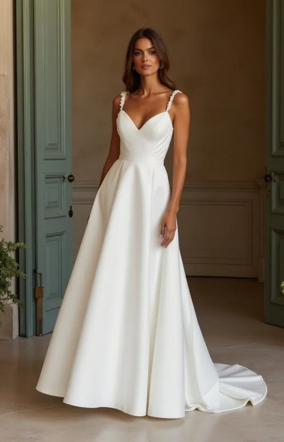 Timeless A-Line Wedding Dress with a Dramatic Off-the-Shoulder Neckline