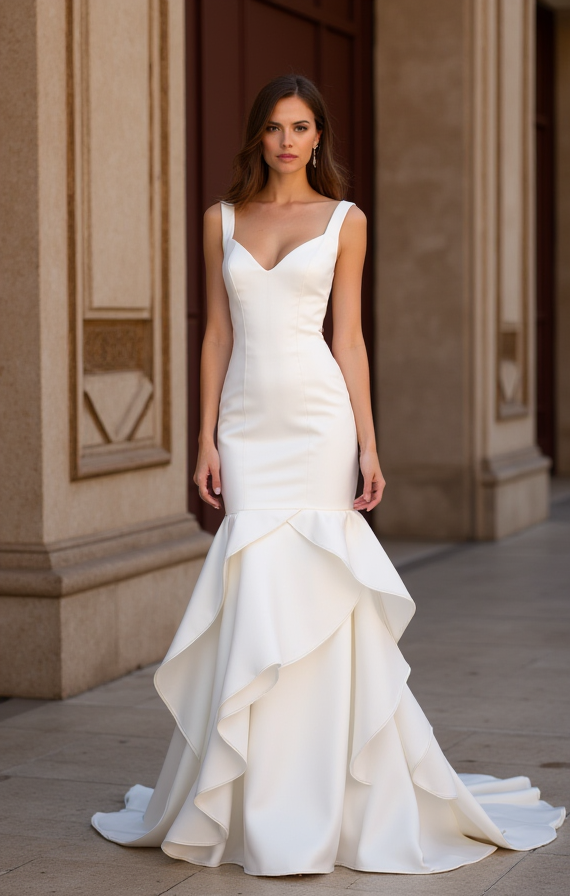 Dramatic White Mermaid Wedding Dress with Floral Lace Appliqué for a Chic Style