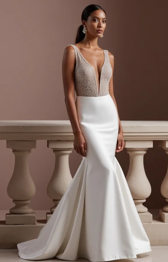 Sexy Mermaid Wedding Dress with a Deep V-Neckline for a Bold Bridal Look