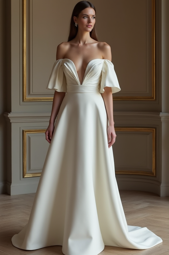 Elegant White A-Line Gown with Off-the-Shoulder Sleeves for a Romantic Touch