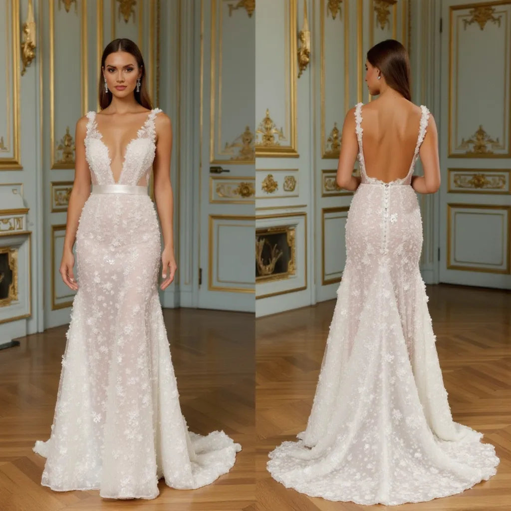 Elegant A-Line Gown with Floral Appliqués for a Feminine Look