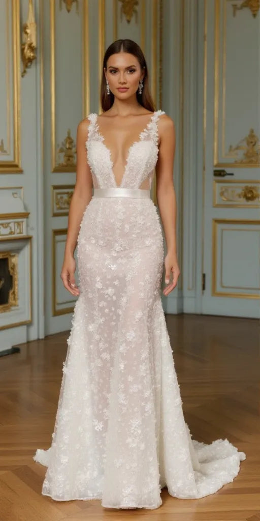 Elegant A-Line Gown with Floral Appliqués for a Feminine Look