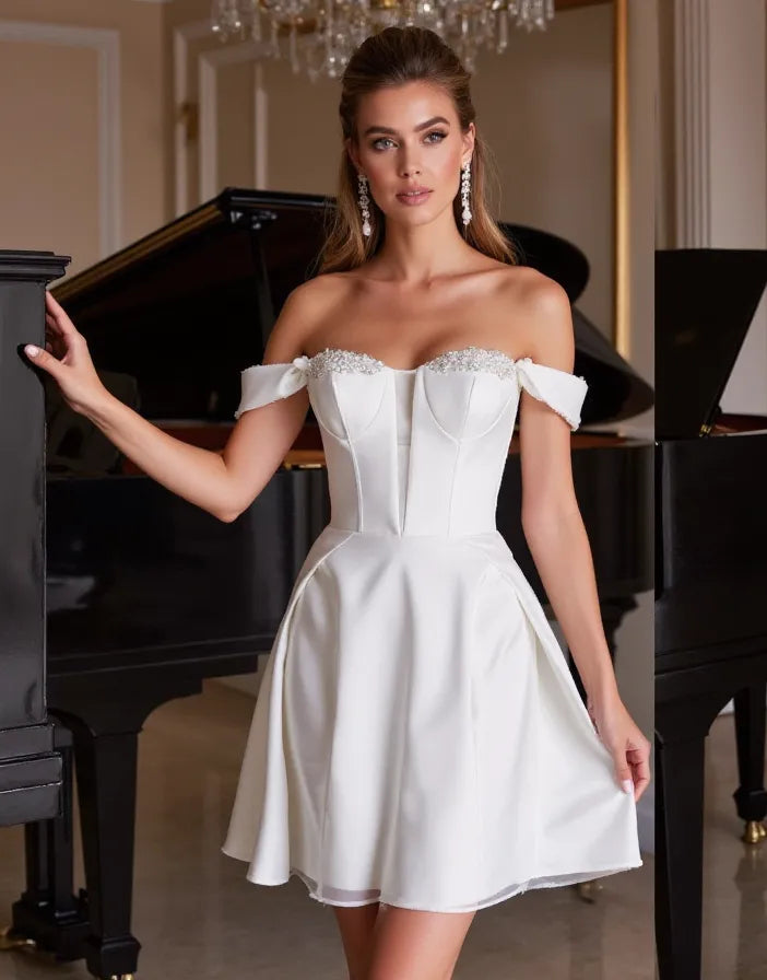 Stylish Short Wedding Dress and Mini Dress with Off-the-Shoulder Sleeves