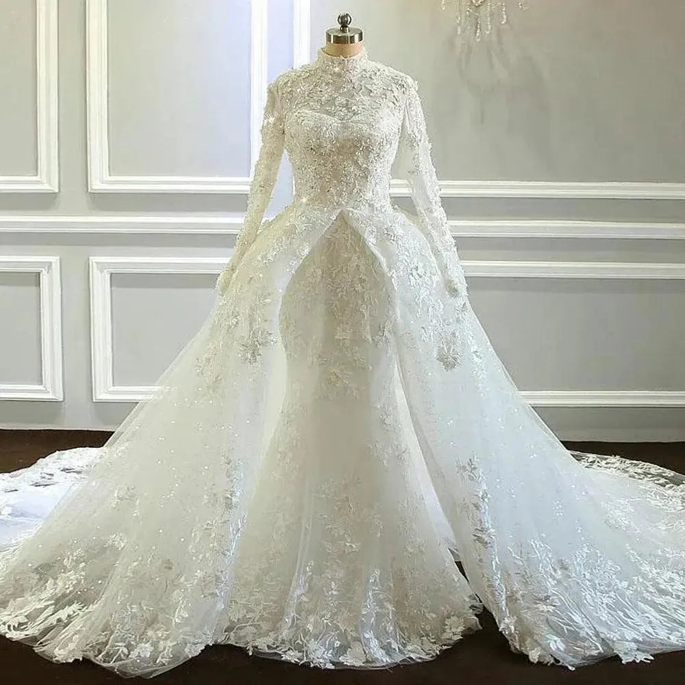 Fairytale Mermaid Bridal Dress For Women High-Neck Lace Appliques Glitter Tulle Vestido De Casamento Custom Made Mermaid