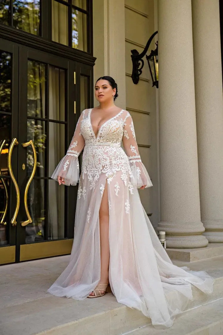 Boho Plus Size Wedding Dress Long Sleeves Illusion Back Applique A-Line Bride Gowns See Through Vestido De Novia champagne Boho Plus Size
