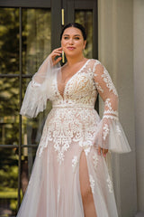 Boho plus size trouwjurk lange mouwen illusie terug applique a-line bruid jurken doorzien door vestido de novia